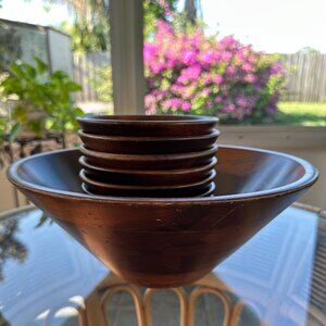 Vintage Walnut Salad Bowl Set, Mid Century Modern, Vermillion 9 Piece, Real Wood